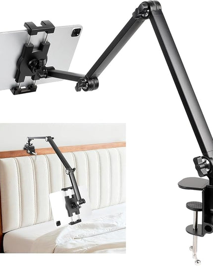 ZUZUXI Tablet Stand Holder for Desk and Bed, Adjustable Aluminum Foldable Arm iPad Mount Clamp on Table Compatible with iPad Air Mini, Galaxy Tabs, 4.7-12.9" Tablets and Phones