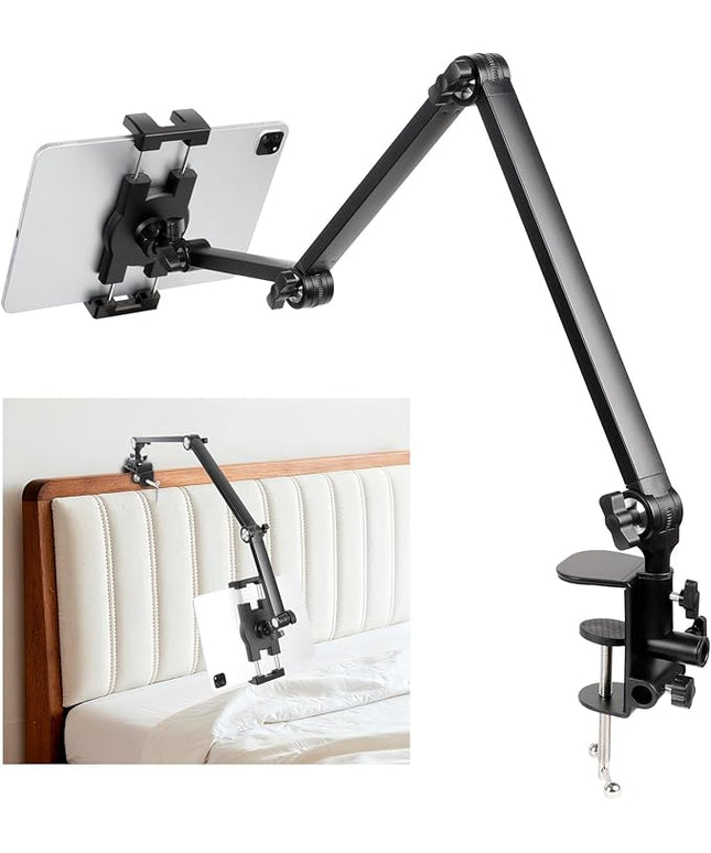 ZUZUXI Tablet Stand Holder for Desk and Bed, Adjustable Aluminum Foldable Arm iPad Mount Clamp on Table Compatible with iPad Air Mini, Galaxy Tabs, 4.7-12.9" Tablets and Phones
