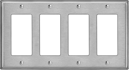 BESTTEN 4-Gang Decorator Metal Wall Plate with Plastic Film, Standard Size, H4.53" x W8.23", Decor Stainless Steel Outlet Cover, Silver