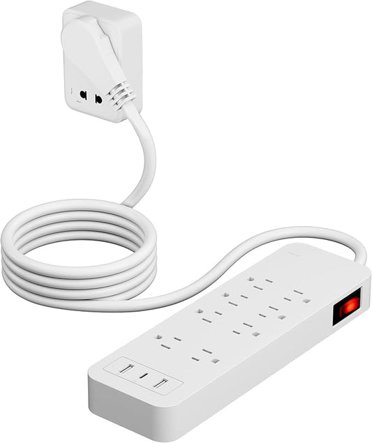 Elecan Surge Protector Power Strip 4 Ft Extension Cord, 8 Widely Spaced Outlets with 2 USB-A&1 USB-C PD 20W Charging Station, Flat Plug Wall Mountable Multi Outlet Extender, 14AWG 2450J/125V,ETL-White