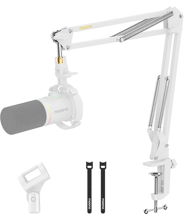 MAONO Boom Arm Microphone Stand: Adjustable Metal Suspension Mic Boom Arm for Podcasting Gaming Streaming Recording,with Desk Clamp and 3/8" to 5/8" Screw Adapter-Max Load 1KG BA20 White