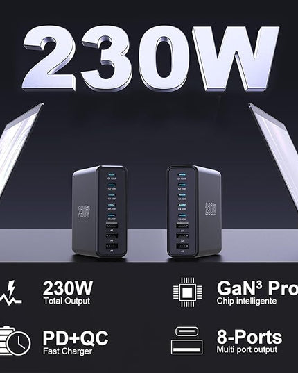 230W USB C Charging Station, Graaci Compact 8 Ports GaN Desktop Charger, PD 100W PPS 45W Super Fast Charger, Laptop Wall Charger Block for MacBook Pro, iPad, iPhone 15/14, Galaxy S24/S23, and More