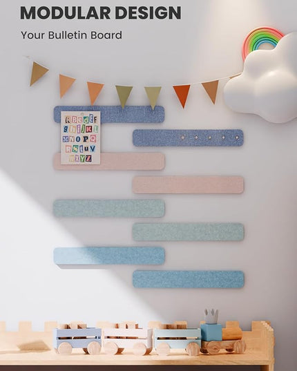 Cork Board Alternative Felt Strip Board 8-Pack 13"x2", Office Pin Board with 50 Push Pins, Adhesive Install for Bedroom Door & Home Office(Coastal Haze)