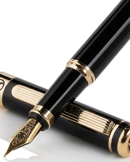 Scriveiner Luxury Fountain Pen - Stunning Black Lacquer Pen, Real Gold Finish, Schmidt Gilded Nib (Medium), Converter, Best Pen Gift Set for Men & Women, Professional, Executive, Office, Nice Pens