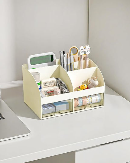 Desk Organizer with 6 Compartments and 2 Drawers, Plastic Makeup Organizer, Pen Holder for Desktop Storage, Desk Organization for School, Home, Office Supplies (Ivory)
