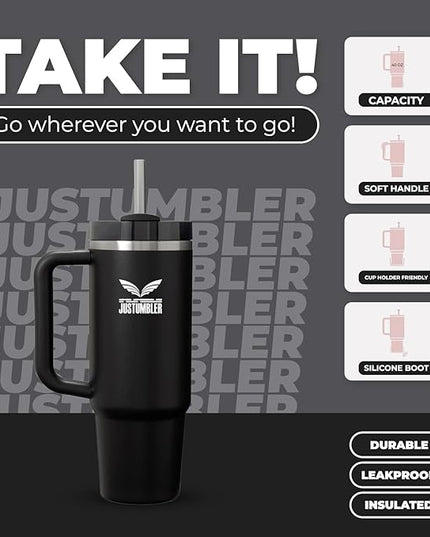 40 Oz Insulated Tumbler with Handle and Straw, Stainless Steel Coffee Travel Mug with Lid, Leak Proof Water Bottle with Accessories, Black