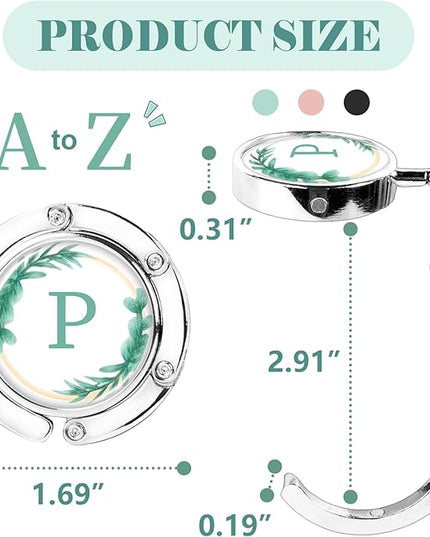 3pcs Personalized Initial Foldable Purse Hook for Table, Flower Letter Folding Handbag Hanger, Portable Magnet Table Holder, Collection Desk Hooks for Women Bag (Green-P)