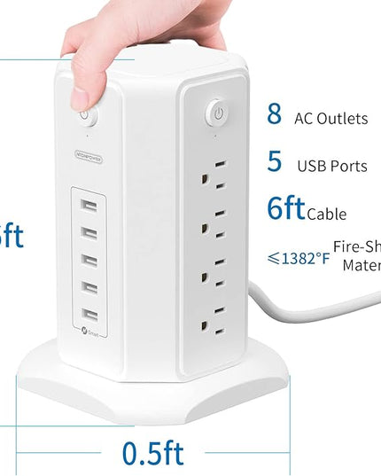 Power Strip Tower Surge Protector, NTONPOWER 8 Outlet 5 USB Desktop Charging Station 1625W 13A, 6ft Extension Cord Flat Plug, Individual Switches, 1080 Joules, Overload Protection for Home Office