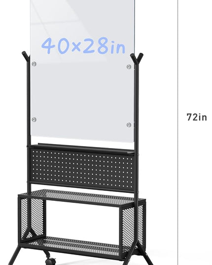 40 x 28 inch Mobile Magnetic Glass Whiteboard, Double-Sided Board with Felt Back and Storage for Office & Classroom, White