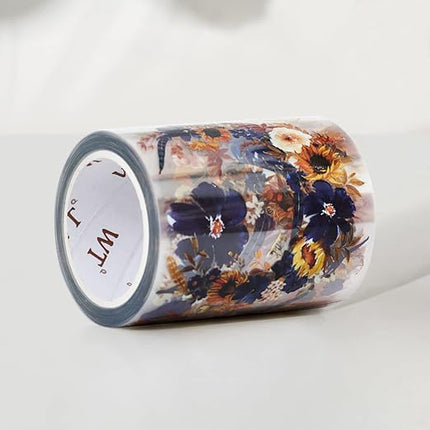WT PET Tape, Floral Sunflower & Navy Design, Wide Decorative Craft Tape, Single Roll, Clear Transparent Tape for Bujo Planner & DIY Scrapbooking Supplies