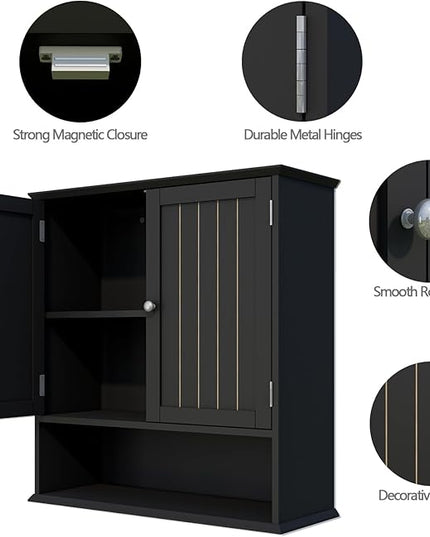 Over The Toilet Bathroom Wall Cabinet with 2 Doors & Open Shelf – Space Saving Medicine Cabinet, Wooden Wall Mounted Storage Cupboard for Bathroom Organization Black
