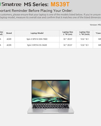Smatree MS39T Hard EVA Protective Sleeve Case with Stand Compatible for 14 inch Acer Spin 3 Laptop-SP314-55-34UR, for 14 inch Acer Spin 3 SP314-55N-76EX 2 in 1 Laptop Notebook Bag