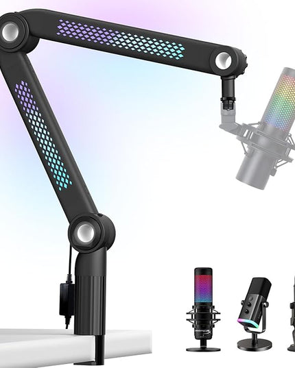 YOUSHARES Microphone Stands Compatible with Blue Yeti，HyperX，FIFINE AM8，Shure Mic，Rode PodMic and Most Microphones，Mic Boom Arm with Sound-Activated Lighting & App Control