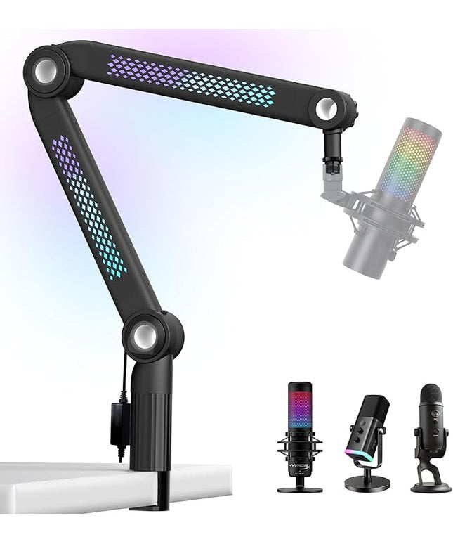 YOUSHARES Microphone Stands Compatible with Blue Yeti，HyperX，FIFINE AM8，Shure Mic，Rode PodMic and Most Microphones，Mic Boom Arm with Sound-Activated Lighting & App Control