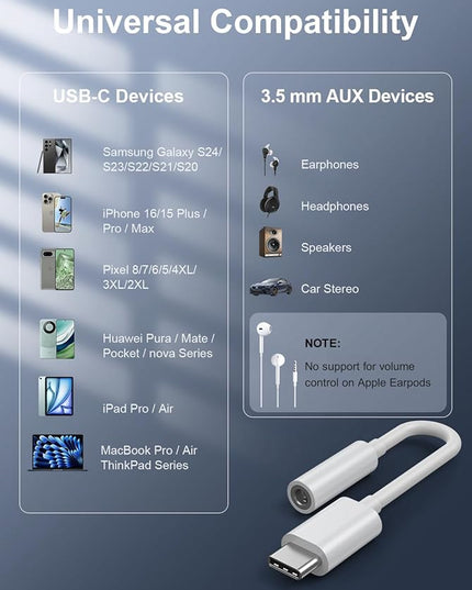USB-C to 3.5mm Audio Headphone Adapter - HiFi 1000 Pack Compatible with Apple iPhone 17 16 15 Samsung Galaxy S25 S24 S23 S22 S21 Plus Pro Max Ultra Pixel iPad - Type C to Aux Cord Jack Dongle Adapter