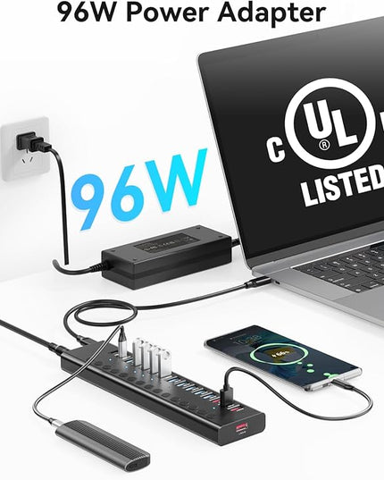 Powered USB 3.0 Hub, 16 Ports USB Hub Splitter(10 USB-A 3.0+2 QC 24W Fast Charging+2 Smart Charging+2 USB-C 3.0 Ports), 12V/8A 96W UL Certified Power Adapter for Laptop, Mac, PC, Computer
