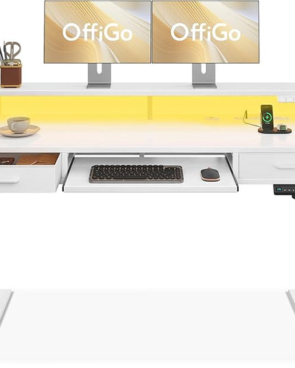 OffiGo Electric Standing Desk with Drawers & Keyboard Tray, 55 Inch Height Adjustable Desk with Power Outlets & LED Lights, Sit Stand Table with Monitor Stand for Home, Office, White
