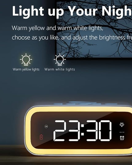 AYI 4in1 Smart Wireless Charging Alarm Clock with Mirror Display | 15W Fast Charger for Phone & Earbuds, 3 Group Alarms, Warm White/Yellow Night Light, Temperature Display Extra USB Port-White