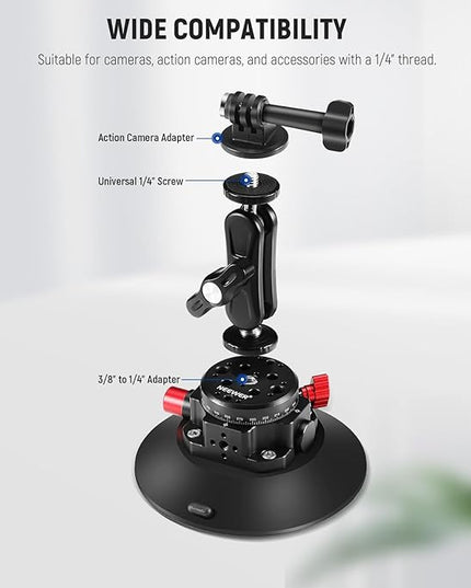 NEEWER 6" Suction Cup Camera Mount with Ball Head Magic Arm, 2 Pack Metal Car Mount for Camera/Action Camera/Phone, Air Pump Vacuum on Car or Window Glass with 1/4" 3/8" ARRI Mounting Holes, CA013