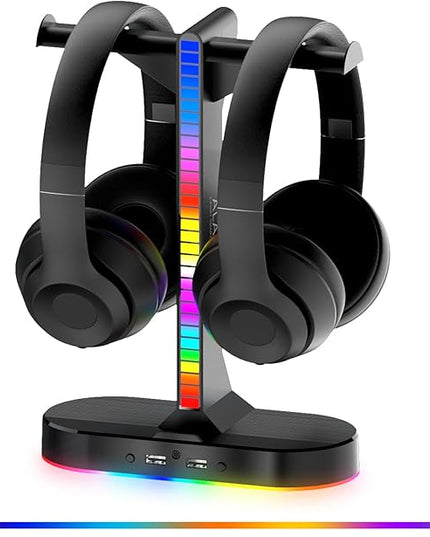 RGB Headphone Stand - Dual Gaming Headset Holder with 3 USB Charging Station and 3.5mm Audio Port,8 Light Modes, Suitable for Gaming, Wireless Earphone Display, Gamer Gifts for Men (Black)