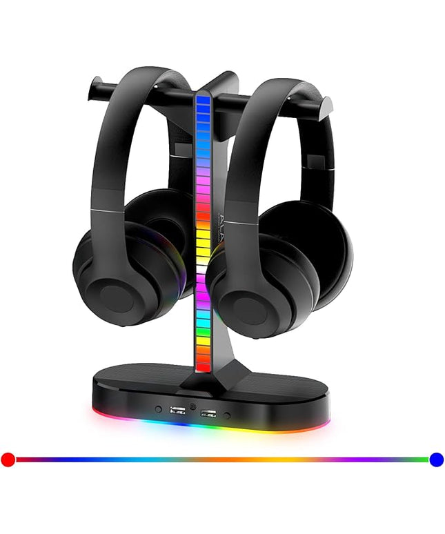 RGB Headphone Stand - Dual Gaming Headset Holder with 3 USB Charging Station and 3.5mm Audio Port,8 Light Modes, Suitable for Gaming, Wireless Earphone Display, Gamer Gifts for Men (Black)