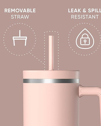 Hydrapeak Voyager 40 Oz Stainless Steel Tumbler with Handle, Insulated Water Bottle With Straw & Lid, Cupholder Friendly Reusable Travel Mug (Peony)