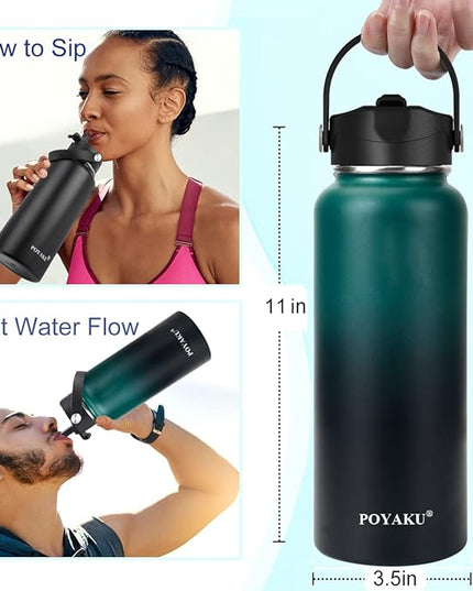 Water Bottle Insulated 32oz 40oz 64oz 128oz Straw Lid Spout Lid & 3 Lids, Leak Proof, Vacuum Insulated,Stainless Steel Water Bottle Wide Mouth for Sports, Gym or Office