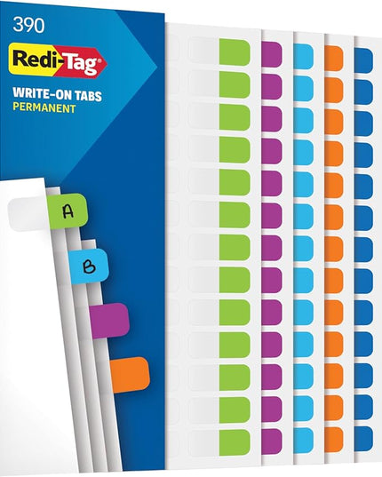 Redi-Tag Write-On Tabs, Permanent Adhesive Index Tabs, Tropical Colors: Purple, Green, Blue, Dark Blue, Orange, 1" x 7/16", 390 Pack (1009305)