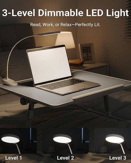 iXTRA Laptop Lap Desk with Cooling Fan - Adjustable Bed Desk with Light, Bed Table with Cup Holder&Phone Holder - Storage Drawer Desk - Folding Bed Desk,Grey,70x45cm