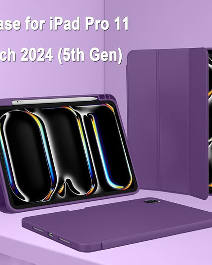 ZryXal iPad Pro 11 Inch Case (M5) 2025/ (M4) 2024 (Model: A2836/A2837/A3006), Trifold Stand Smart Cover with Pencil Holder and Soft TPU Back, Auto Wake/Sleep (Dark Purple)
