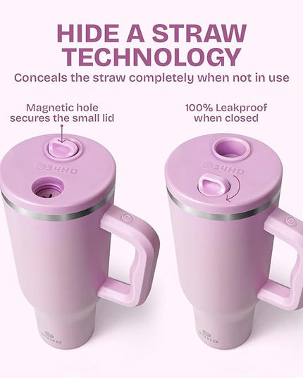 34HD 40 oz Stainless Steel Tumbler - Leakproof Insulated Water Bottle with Handle, Magnetic Lid and Flexible Straw - Iced for 48 Hours – Perfect for Men, Women, Birthday Gift, Pink - Blush Petal