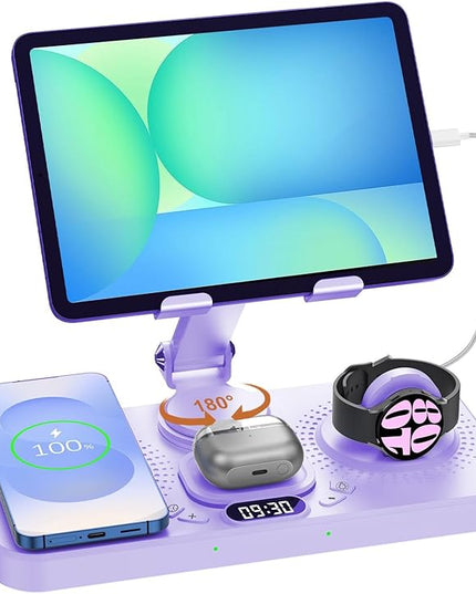 30W Magnetic Wireless Charger for Samsung Foldable Android Mag-Safe Charging Station for Galaxy Tab with Clock &7 Color Light, Watch Charger for S25 Ultra, for Samsung Watch8, Galaxy Buds3 Pro(Purple
