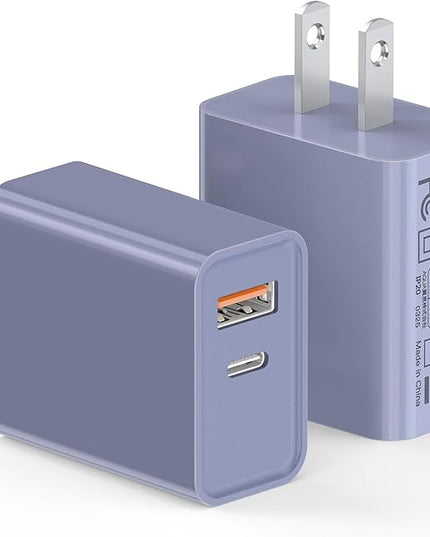 [2 Pack] USB-C Wall Charger, 20W Dual Port QC+PD3.0 Power Adapter, Double Fast Plug Charging Block for Samsung Galaxy S24 S23/S23+/S23Ultra/S22/S22+/S22 FE/Note 20Ultra, iPhone 16/17 Brick Box, Purple