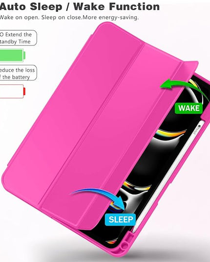 ZryXal iPad Pro 11 Inch Case (M5) 2025/ (M4) 2024 (Model: A2836/A2837/A3006), Trifold Stand Smart Cover with Pencil Holder and Soft TPU Back, Auto Wake/Sleep (Rose Red)