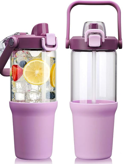 Glass Tumbler with Carry Handle, Clear Glass Water Bottle with Leakproof Lid, Spout Lid&Straw, BPA-Free, 32 oz, Lilac