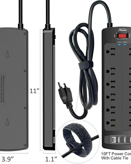 Power Strip Surge Protector - ALESTOR 10 Feet Extension Cord (1875W/15A) with 12 Outlets and 4 USB Ports, 2700 Joules, for Home, School, College Dorm Room, and Office, ETL Listed, Black
