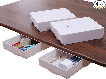 LuluEasy 4 Pack Under Desk Drawer Self-Adhesive Desktop Storage Organizer, Hidden Attachable Slide Out Desk Drawer, Under Table Tray for Pencil Pen Stationery Office Organization, White