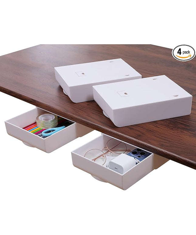 LuluEasy 4 Pack Under Desk Drawer Self-Adhesive Desktop Storage Organizer, Hidden Attachable Slide Out Desk Drawer, Under Table Tray for Pencil Pen Stationery Office Organization, White