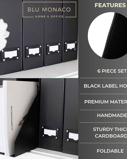 BLU MONACO Foldable Black Magazine File Holder – Set of 6 | Cardboard Desk File Organizer Boxes with Leather Label Holders | Vertical Magazine Storage for Office, Classroom & Home