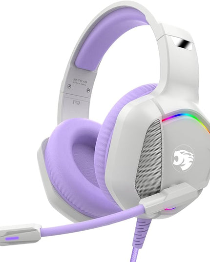 Gaming Headset with Microphone for Pc, Xbox One Series X/s, Ps4, Ps5, Switch, Stereo Wired Noise Cancelling Over-Ear Headphones with Mic, RGB, for Computer, Laptop, Mac, Nintendo (White Purple)