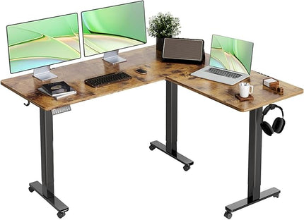 Claiks L Shaped Standing Desk Adjustable Height, Dual Motor Electric Corner Standing Desk, 63x55 inch Sit Stand up Desk with Splice Board, Rustic Brown