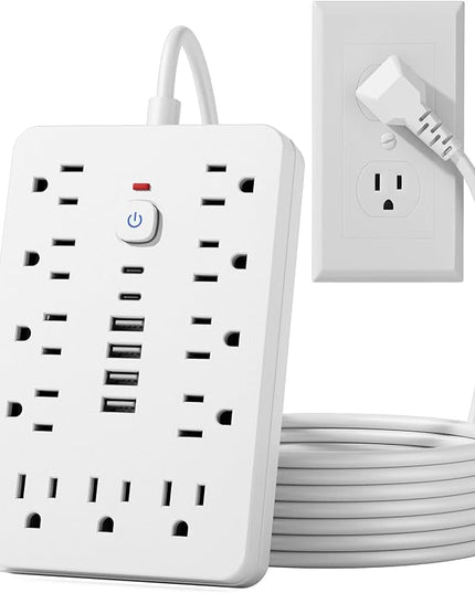 15 FT Flat Plug Surge Protector Power Strip,11 Multiple AC Outlets with 6 USB Ports (2 USB C), 15 Feet Extension Cord, 1250W/10A, One Touch Switch Button, White