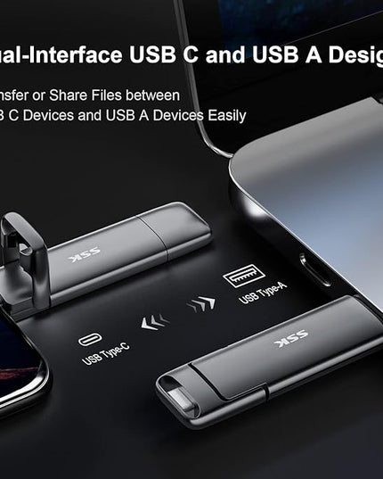 SSK External USB C SSD Flash Drive 512GB, Up to 550MB/s 2-in-1 Type C+ USB A USB3.2 Gen2 Solid State Thumb Drive, Memory Stick Data Storage for iPhone 15/PS4/PS5/Android Phone/Windows/Mac