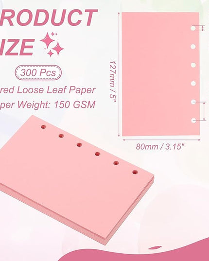 PATIKIL Colored Loose Leaf Paper, 5" x 3.2"(A7) 300 Sheets 6 Holes Punched 150GSM Blank Binder Refill Paper Supplies for Office Note Taking Teacher Planner Journal Notebook, Pink