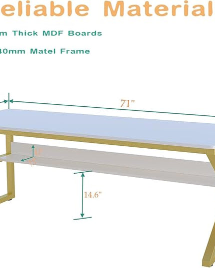 Extra Long Desk with Bookshelf - 71" Double Long Writing Table for 2-Person Workstation, Modern Study Work Computer Desk for Home and Office, Gold