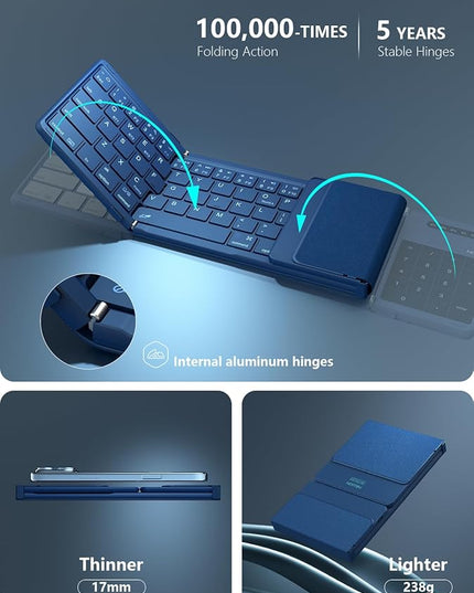 Nillkin Foldable Bluetooth Keyboard with Touchpad & Number Pad, Portable Bluetooth Keyboard with Full Size Keys, Pocket-Sized Wireless Travel Keyboards for iPad, Smartphone, Tablet and Laptop Blue