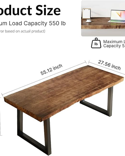 Solid Wood Desk 55 inches, Home Office Computer Desk Wooden Rustic Writing Desk Metal Modern Simple Design Executive Real Wood Desk(Dark Brown)