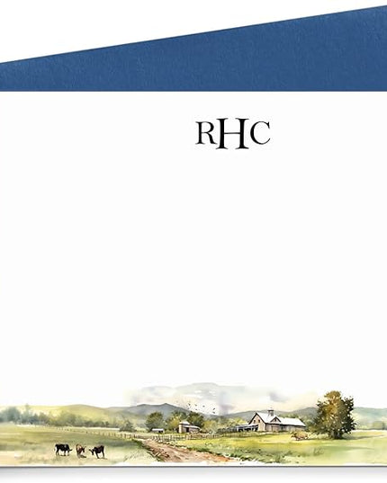 Personalized Monogram Stationery With Envelopes, FLAT Note Cards With Name, Farm Stationery Set, Watercolor Note Cards for Women, Stationary Paper With Initials, Your Choice of Colors and Quantity