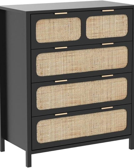 LEVNARY 4 Drawer Dresser for Bedroom, Rattan Dresser Drawers Storage Cabinet with Metal Handles, Wooden Chest of Drawers for Bedroom, Entryway, Living Room, Hallway (1, Black)