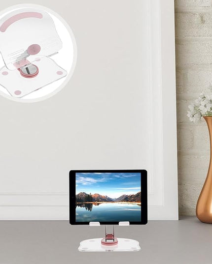 CONGARTENO Adjustable Acrylic Tablet Stand Holder for Desk and Travel, 360° Rotatable Folding Pink Tablet Holder Compatible with Ipad for Home Office Use